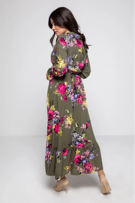 Yaka Bağlama İri Çiçek Desen Elbise - HAKİ