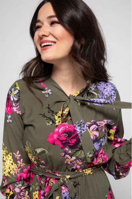 Yaka Bağlama İri Çiçek Desen Elbise - HAKİ