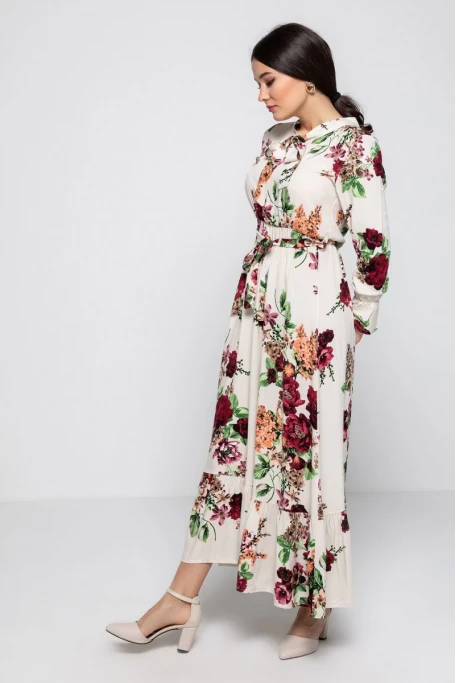 Yaka Bağlama İri Çiçek Desen Elbise - KREM