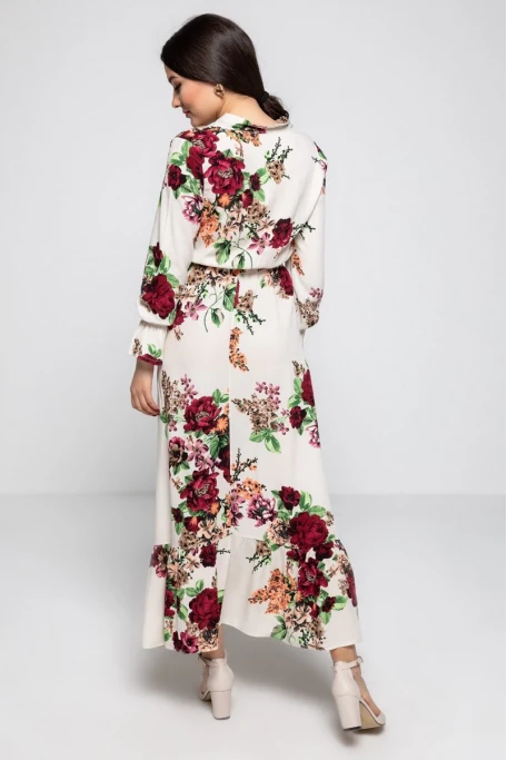 Yaka Bağlama İri Çiçek Desen Elbise - KREM