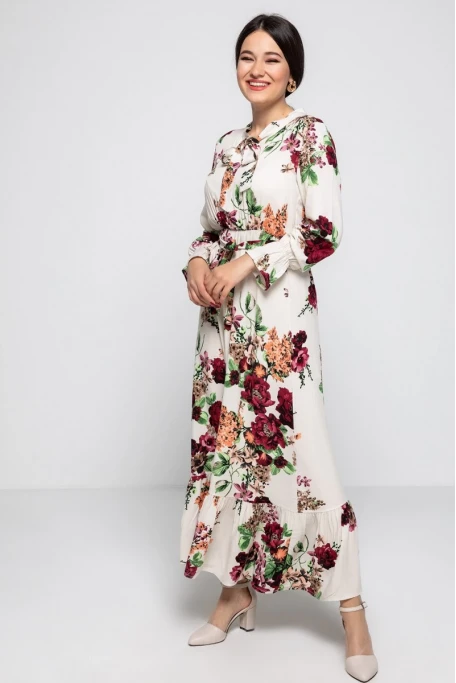 Yaka Bağlama İri Çiçek Desen Elbise - KREM