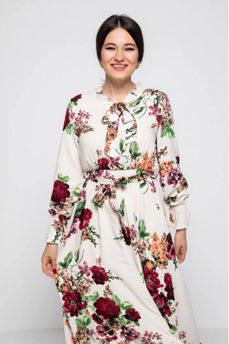 Yaka Bağlama İri Çiçek Desen Elbise - KREM