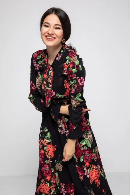 Yaka Bağlama İri Çiçek Desen Elbise Siyah