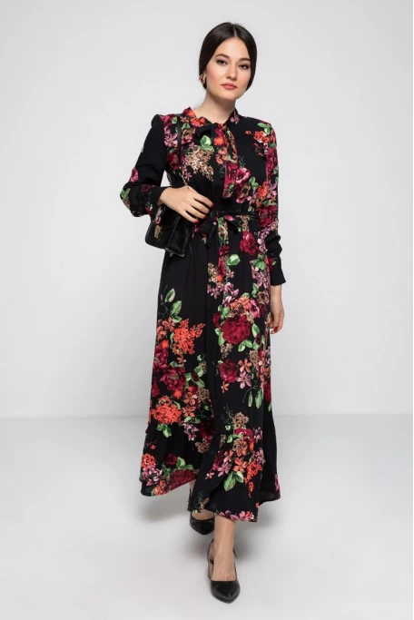 Yaka Bağlama İri Çiçek Desen Elbise Siyah