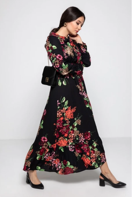 Yaka Bağlama İri Çiçek Desen Elbise Siyah