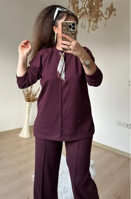 Yaka Şal Detaylı Takım Bordo