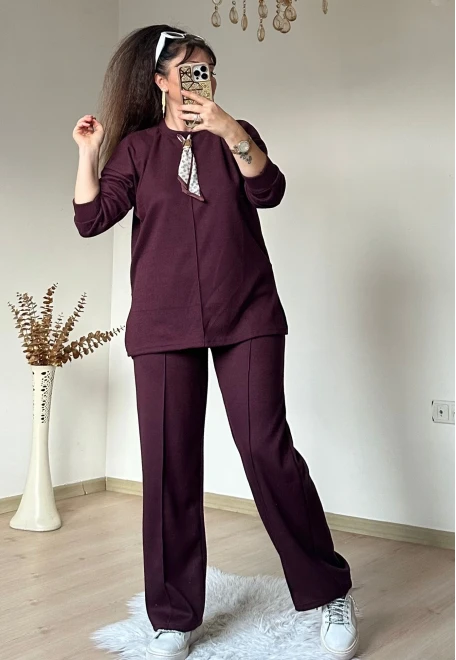 Yaka Şal Detaylı Takım Bordo