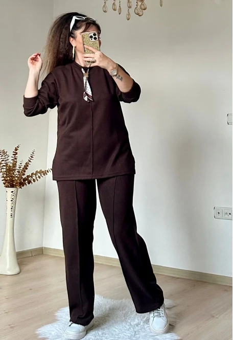 Yaka Şal Detaylı Takım Kahve