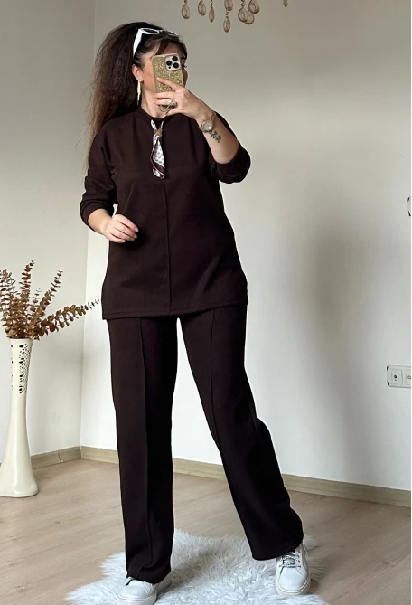 Yaka Şal Detaylı Takım Kahve