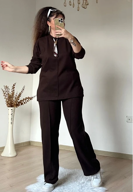 Yaka Şal Detaylı Takım Kahve