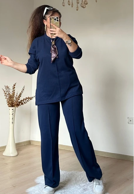 Yaka Şal Detaylı Takım Lacivert