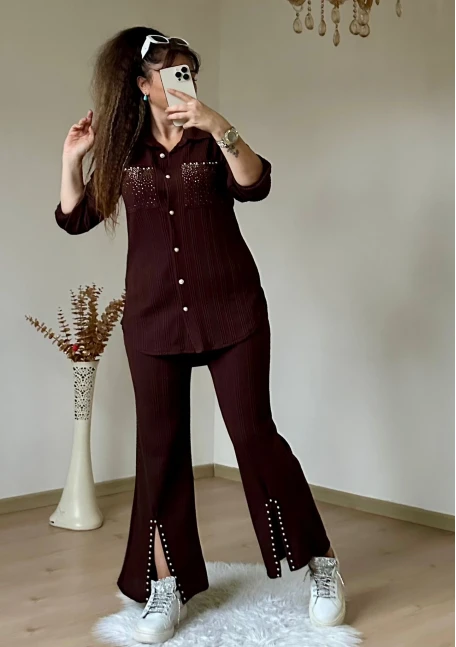 Yaka Taşlı Paça Detaylı Takım Kahve