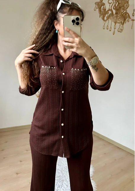 Yaka Taşlı Paça Detaylı Takım Kahve