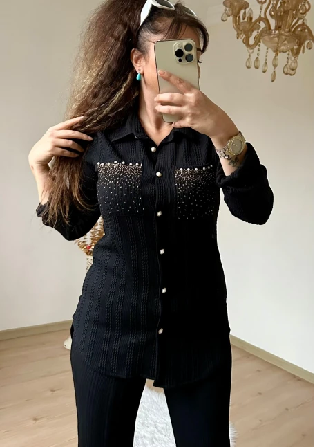 Yaka Taşlı Paça Detaylı Takım Siyah