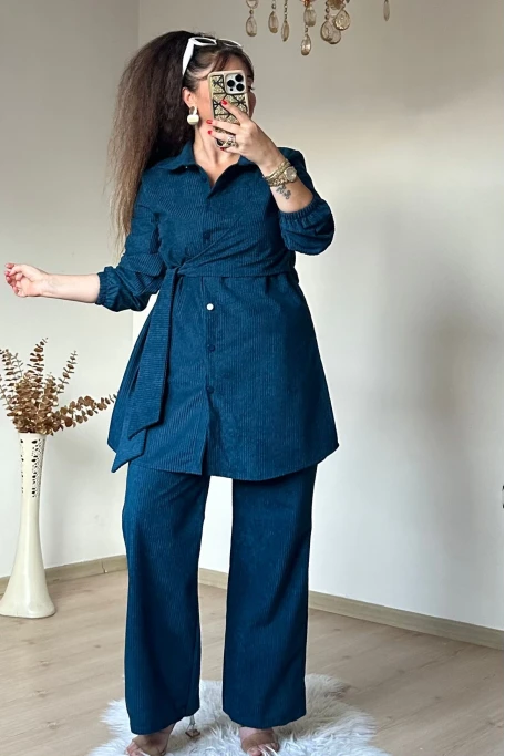 Yan Bağlamalı Fitilli kadife Takım Mavi