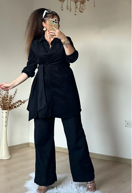 Yan Bağlamalı Fitilli kadife Takım Siyah