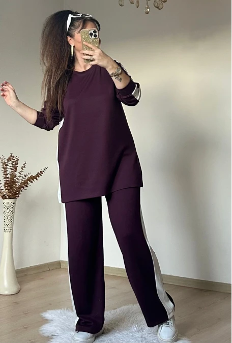 Yan Beyaz Şerıtlı Takım Bordo