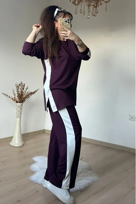 Yan Beyaz Şerıtlı Takım Bordo