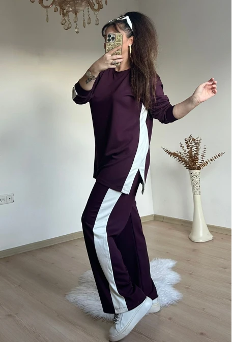 Yan Beyaz Şerıtlı Takım Bordo
