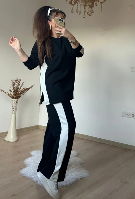 Yan Beyaz Şerıtlı Takım Siyah