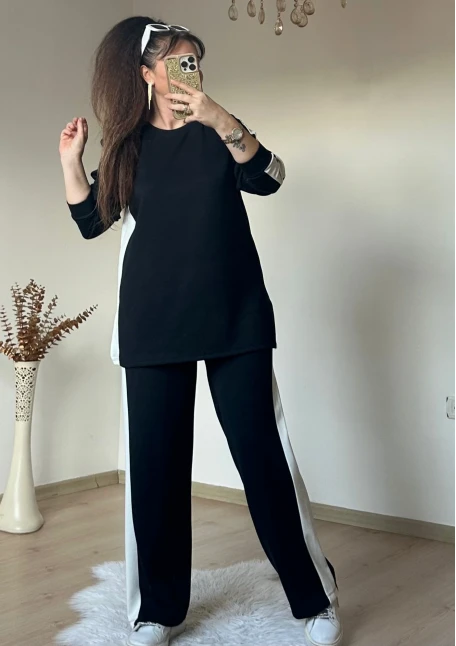 Yan Beyaz Şerıtlı Takım Siyah