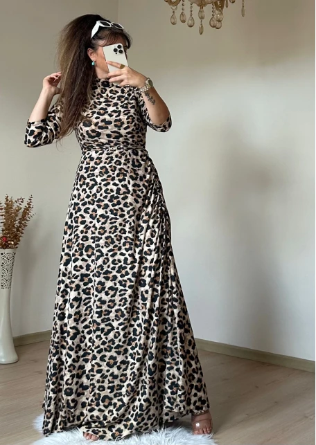 Yan Büzgülü Leopar Elbise