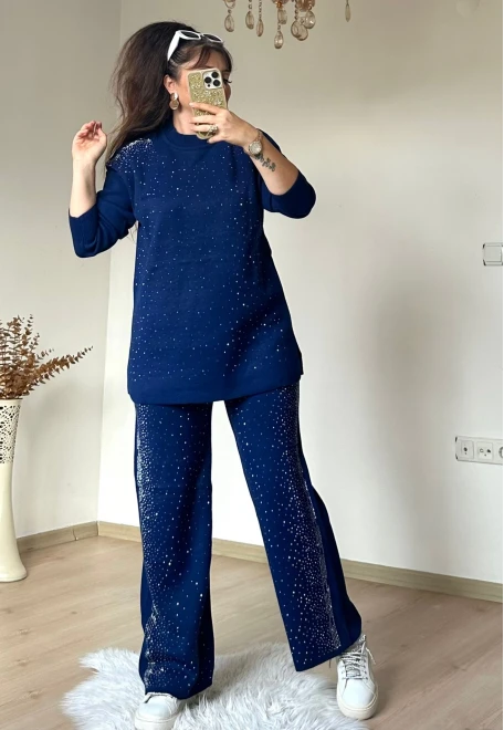 Yan Taşlı Trıko Takım Lacivert