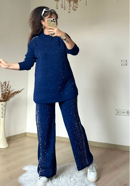 Yan Taşlı Trıko Takım Lacivert
