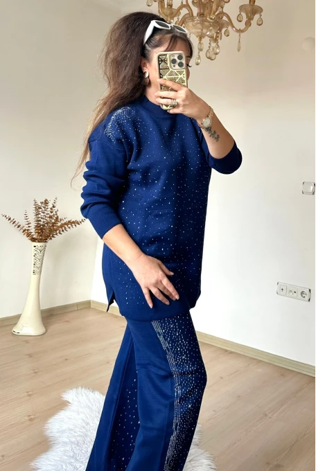 Yan Taşlı Trıko Takım Lacivert