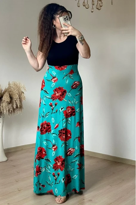 Yeşil İri Gül Desen Viskon Elbise