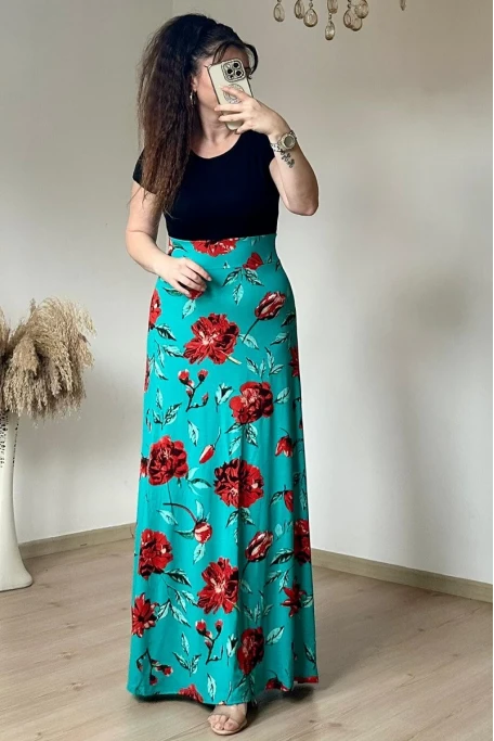 Yeşil İri Gül Desen Viskon Elbise