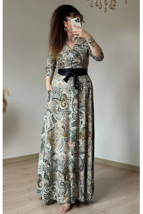 Tam Boy Yeşil Şal Desen Elbise