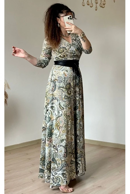 Tam Boy Yeşil Şal Desen Elbise