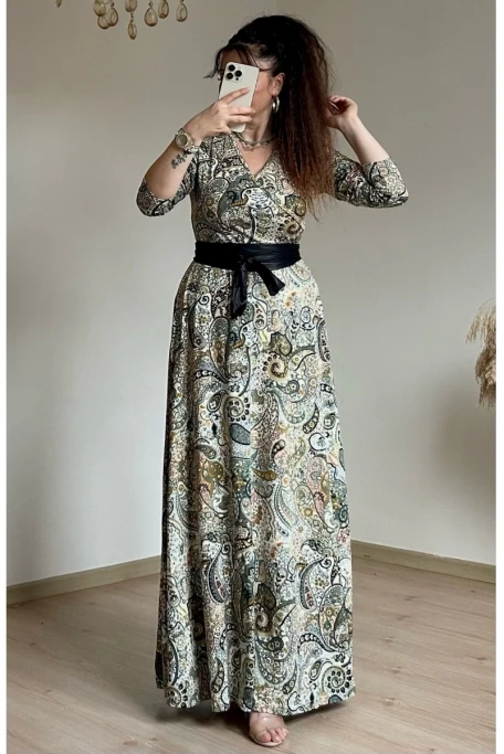 Tam Boy Yeşil Şal Desen Elbise