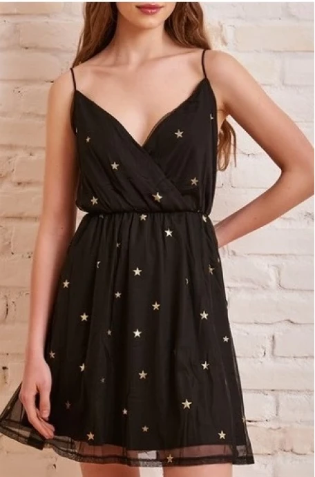 Yıldız Desenli Mini Elbise Gögüs Dekolteli Ip Askılı Tüllü elbise