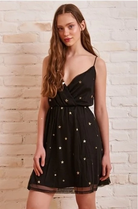 Yıldız Desenli Mini Elbise Gögüs Dekolteli Ip Askılı Tüllü elbise