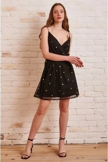 Yıldız Desenli Mini Elbise Gögüs Dekolteli Ip Askılı Tüllü elbise