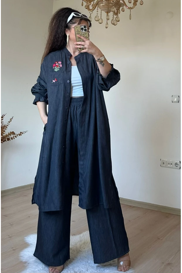 Yaka Nakış İşlemeli Takım Siyah