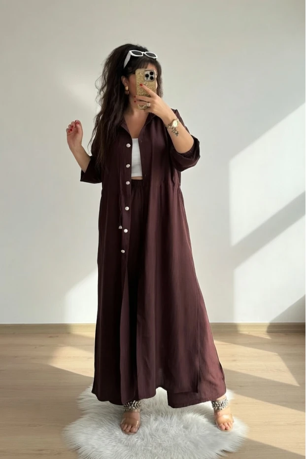 Bel Bağcıklı Tunık Takım Kahve
