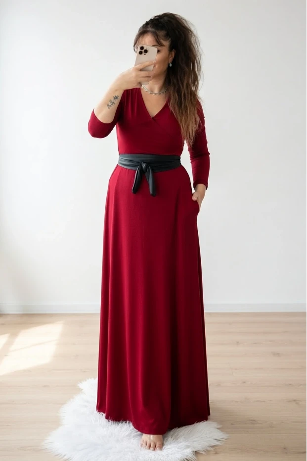 Tam Boy Kemerli Düz Elbise Bordo