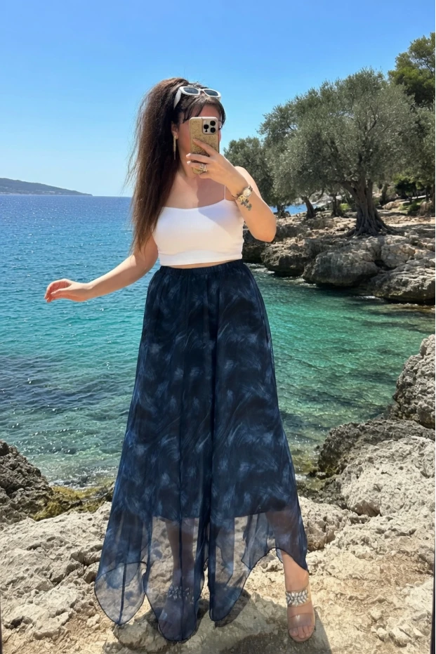 Eteği Çapraz Mavi Desen Şifon Etek