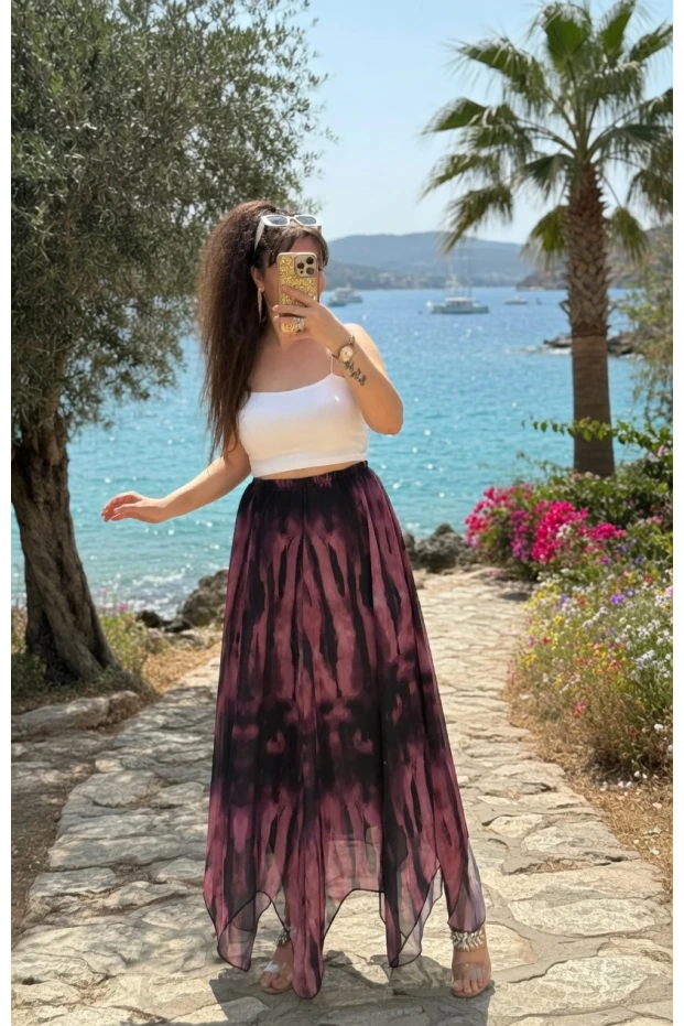 Eteği Çapraz Pembe Desen Şifon Etek