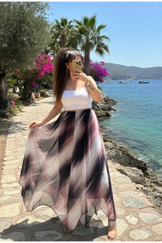 Eteği Çapraz Beyaz Desen Şifon Etek