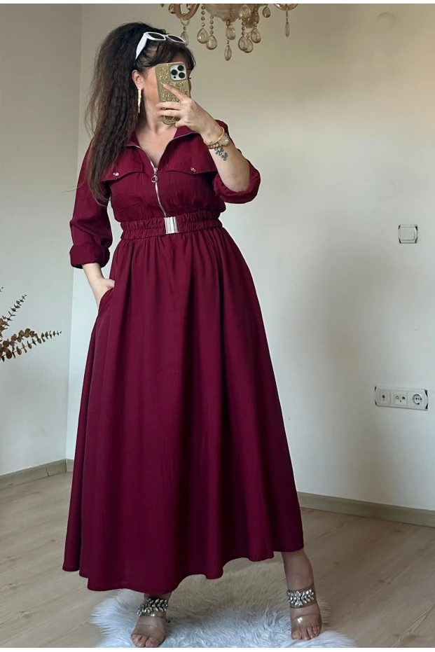 Yaka Cepli Spor Elbıse Bordo