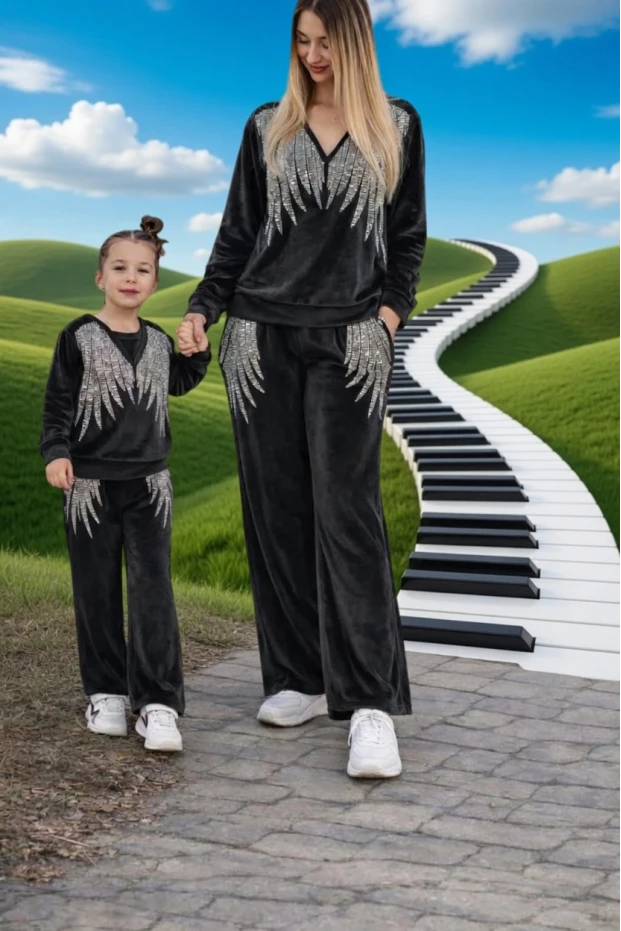 Angel Kadife Taşlı Takım Çocuk Siyah