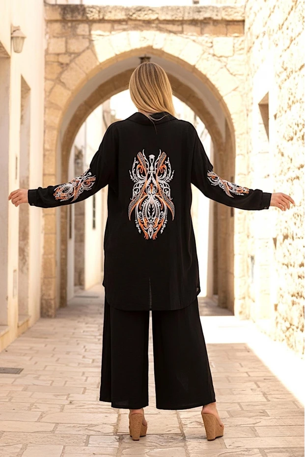 Nakışlı Oversize Pantolon Etek Gomleklı Takım Siyah