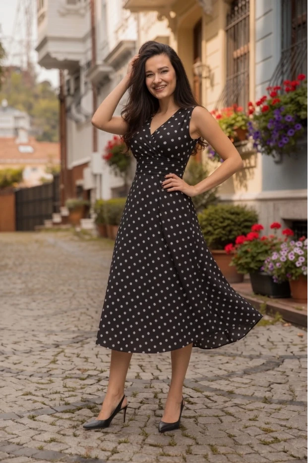 Sıfır Kol Puanlı Krep Elbise