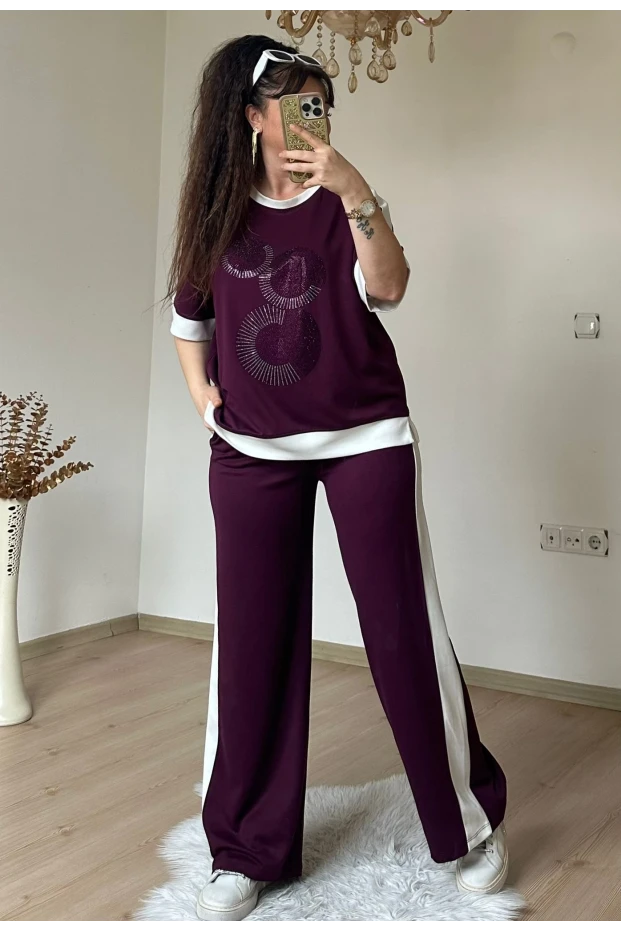 Ön Halka Taşlı Takım Bordo