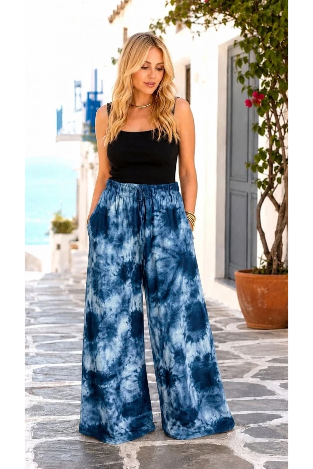 Batik Desen Beli Lastikli ve İpli Viskon Pantolon Mavi