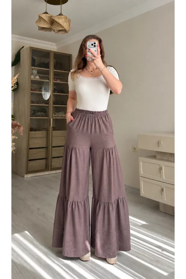 Bel Lastikli Pantolon Etek Pastel Pudra